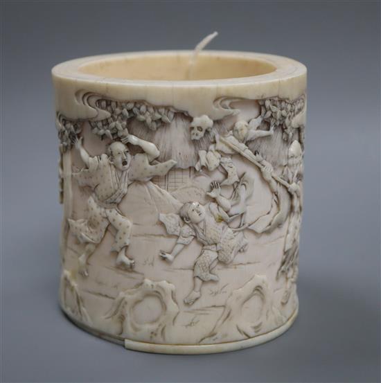 A Japanese carved ivory vase, Meiji period, signed height 10cm